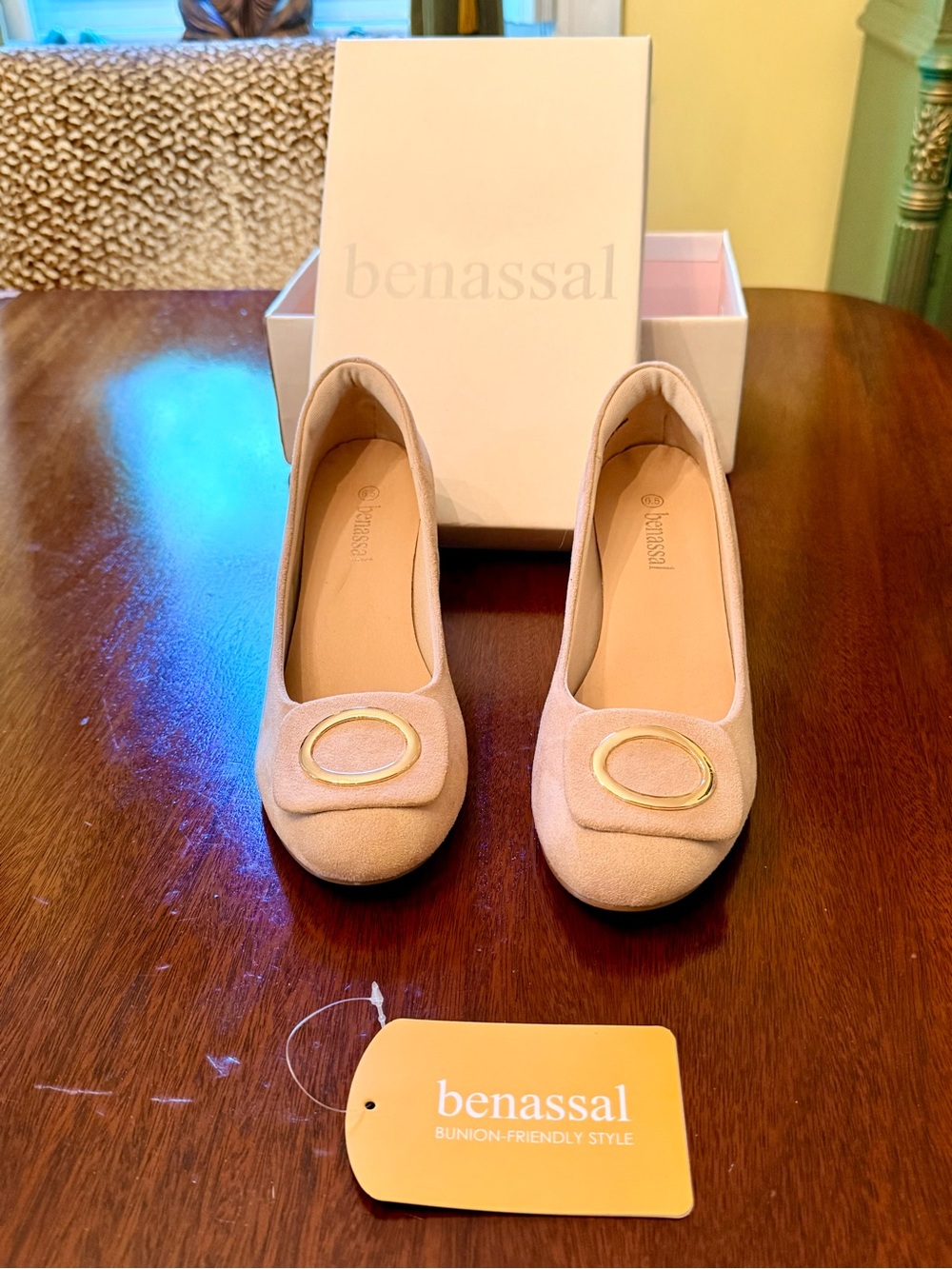 Benassal Women's Nude Suede Ballet Flats with Gold Accent